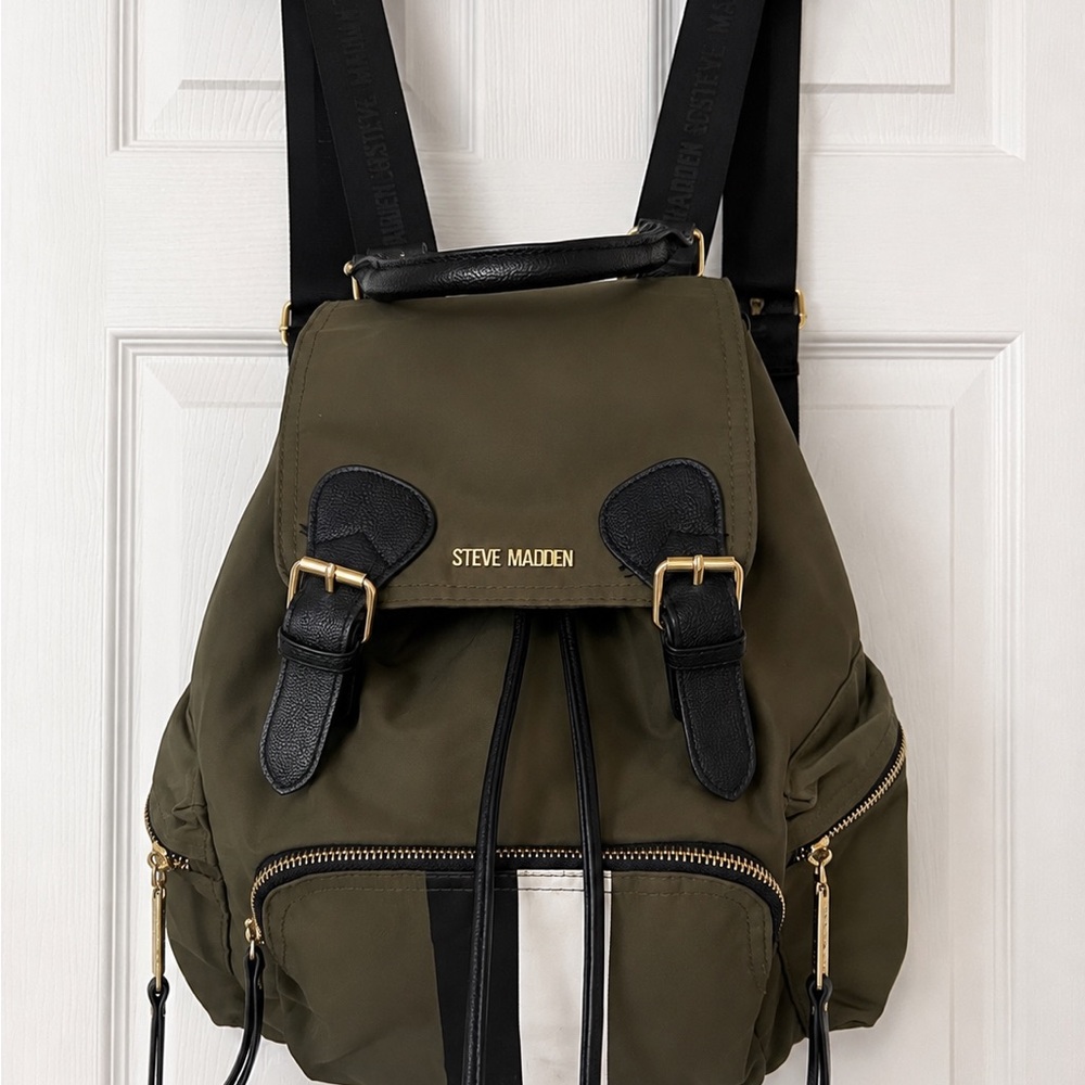Steve Madden Olive Nylon Backpack with Black Trim and Gold Hardware